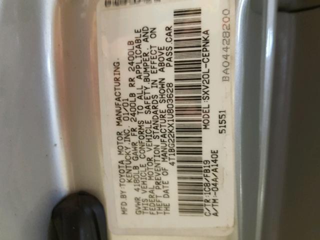 4T1BG22KX1U803628 - 2001 TOYOTA CAMRY CE SILVER photo 10