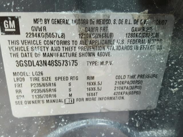 3GSDL43N48S573175 - 2008 SATURN VUE XE GRAY photo 10