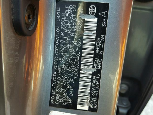 JTDKB20U640070822 - 2004 TOYOTA PRIUS GRAY photo 10