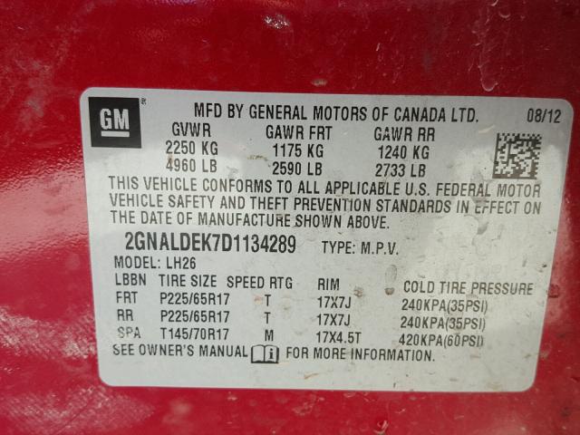 2GNALDEK7D1134289 - 2013 CHEVROLET EQUINOX LT RED photo 10