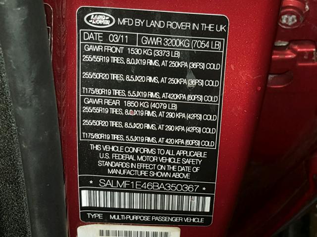 SALMF1E46BA350367 - 2011 LAND ROVER RANGE ROVE RED photo 10