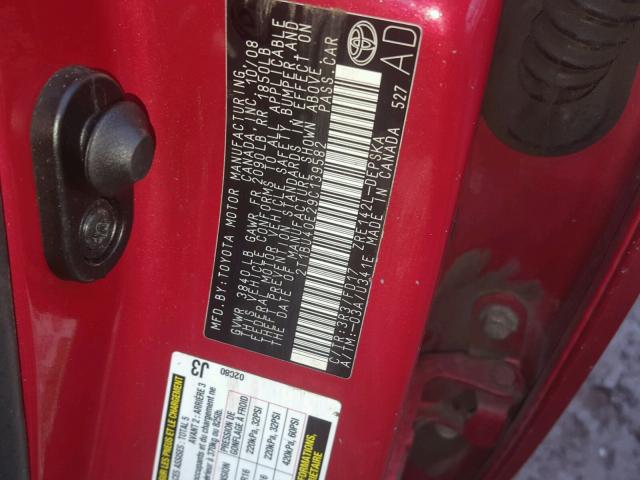 2T1BU40E29C139582 - 2009 TOYOTA COROLLA BA RED photo 10