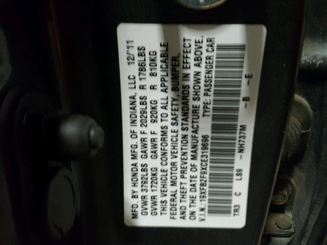 19XFB2F9XCE319696 - 2012 HONDA CIVIC EXL ნაცრისფერი ფოტო 10