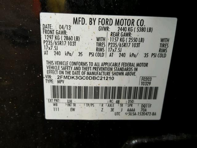 2FMDK3GC0DBC21210 - 2013 FORD EDGE SE BLACK photo 10