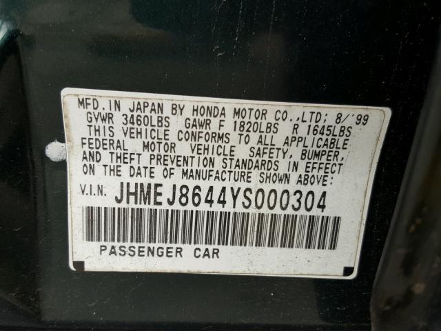 JHMEJ8644YS000304 - 2000 HONDA CIVIC EX GREEN photo 10