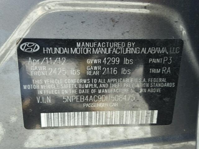 5NPEB4AC9DH508475 - 2013 HYUNDAI SONATA GLS GRAY photo 10