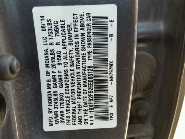 19XFB2F52EE065126 - 2014 HONDA CIVIC LX CHARCOAL photo 10