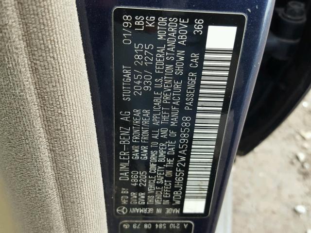 WDBJH65F2WA598588 - 1998 MERCEDES-BENZ E 320 BLUE photo 10