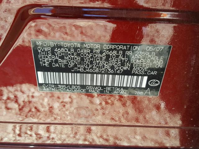 JTHBJ46G872136147 - 2007 LEXUS ES 350 RED photo 10