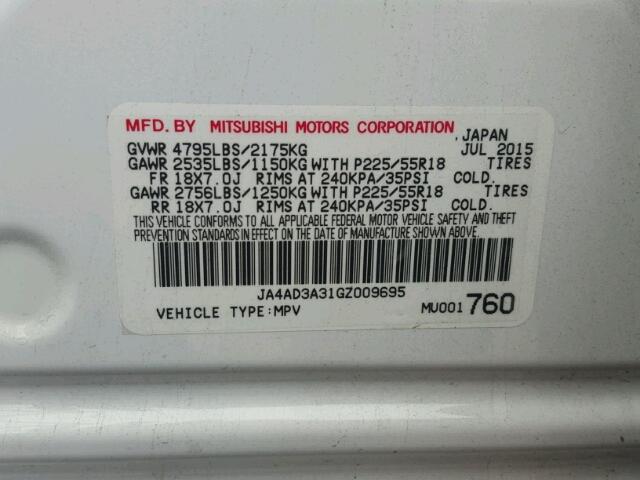 JA4AD3A31GZ009695 - 2016 MITSUBISHI OUTLANDER WHITE photo 10