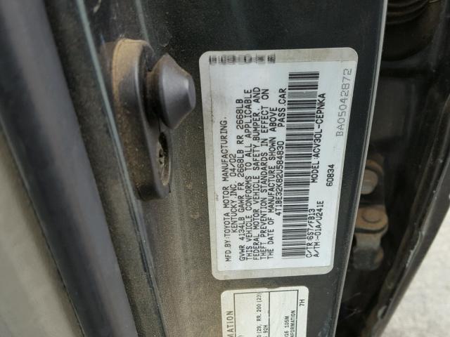 4T1BE32K82U584830 - 2002 TOYOTA CAMRY LE GREEN photo 10