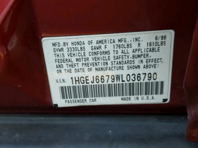 1HGEJ6679WL036790 - 1998 HONDA CIVIC LX RED photo 10