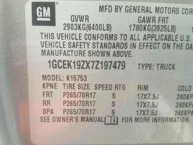 1GCEK19ZX7Z197479 - 2007 CHEVROLET SILVERADO GRAY photo 10