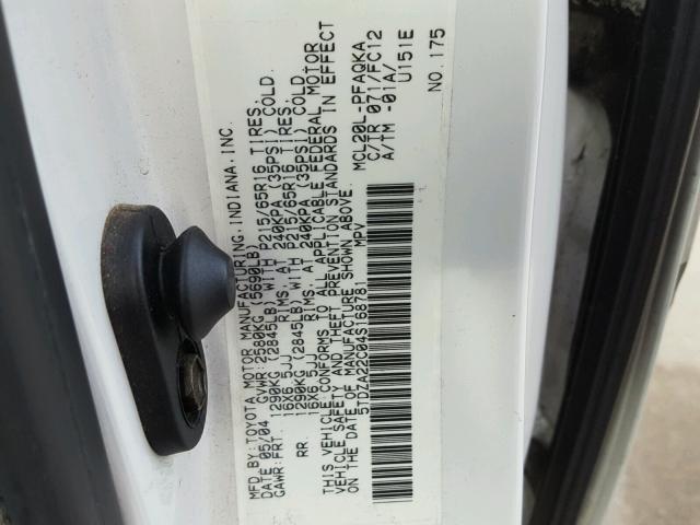 5TDZA22C04S168781 - 2004 TOYOTA SIENNA XLE WHITE photo 10