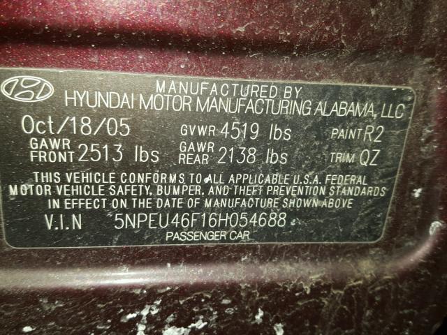 5NPEU46F16H054688 - 2006 HYUNDAI SONATA GLS BURGUNDY photo 10