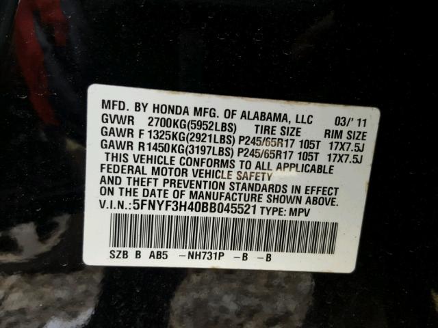 5FNYF3H40BB045521 - 2011 HONDA PILOT EX BLACK photo 10