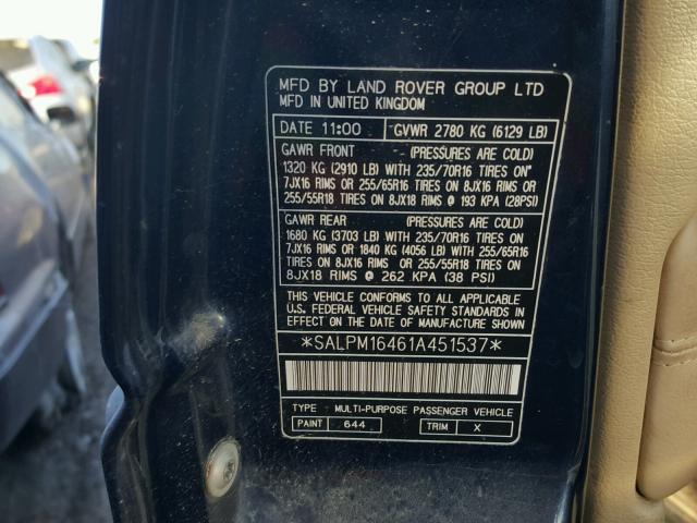 SALPM16461A451537 - 2001 LAND ROVER RANGE ROVE BLUE photo 10