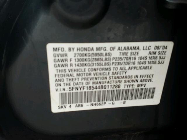 5FNYF18544B011288 - 2004 HONDA PILOT EXL GRAY photo 10