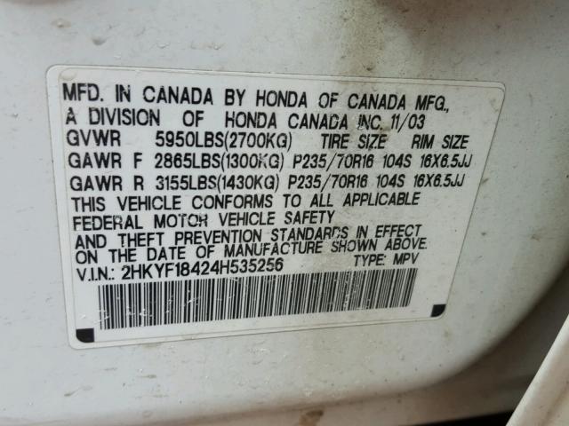 2HKYF18424H535256 - 2004 HONDA PILOT EX WHITE photo 10