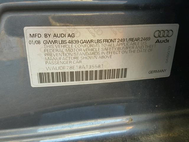 WAUDF78E18A135581 - 2008 AUDI A4 2.0T QU GRAY photo 10