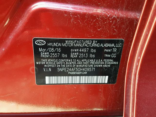 5NPE24AF5GH409571 - 2016 HYUNDAI SONATA SE RED photo 10