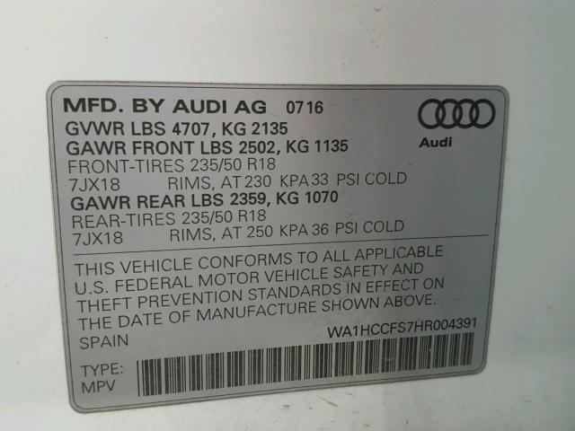 WA1HCCFS7HR004391 - 2017 AUDI Q3 PREMIUM WHITE photo 10