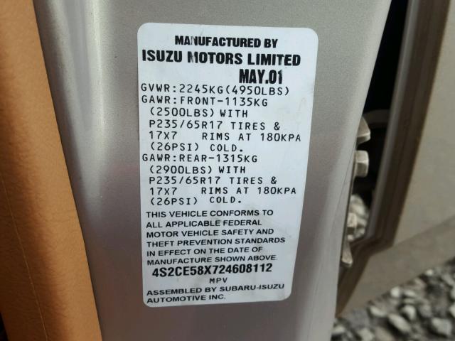 4S2CE58X724608112 - 2002 ISUZU AXIOM XS SILVER photo 10