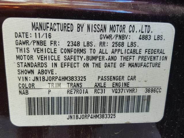 JN1BJ0RP4HM383325 - 2017 INFINITI QX50 BURGUNDY photo 10