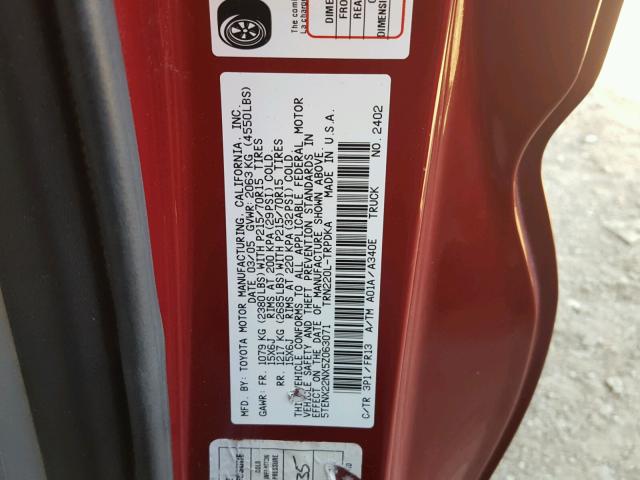 5TENX22NX5Z063071 - 2005 TOYOTA TACOMA BURGUNDY photo 10