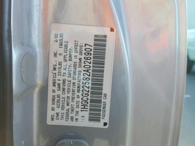 1HGCG22582A026907 - 2002 HONDA ACCORD EX SILVER photo 10