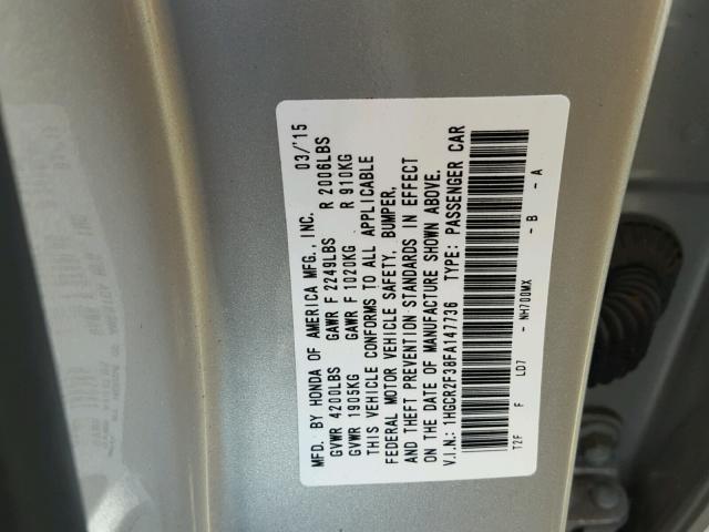 1HGCR2F38FA147736 - 2015 HONDA ACCORD LX SILVER photo 10