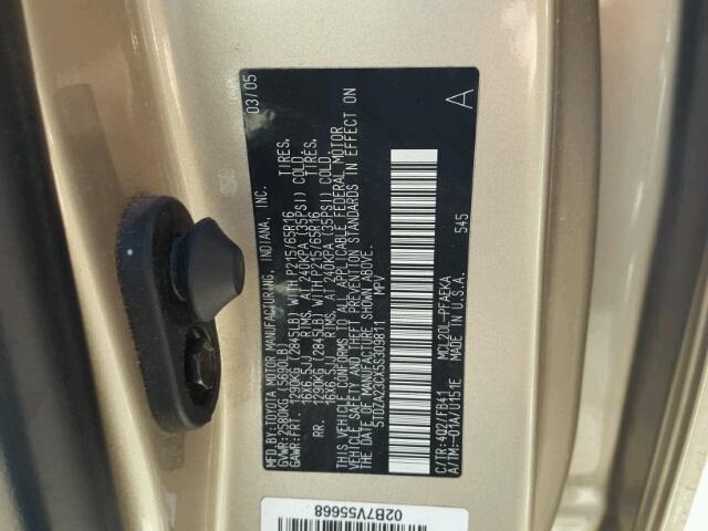 5TDZA23CX5S309811 - 2005 TOYOTA SIENNA CE GOLD photo 10