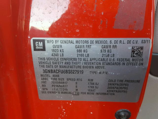 3GNBACFU6BS627919 - 2011 CHEVROLET HHR LT RED photo 10