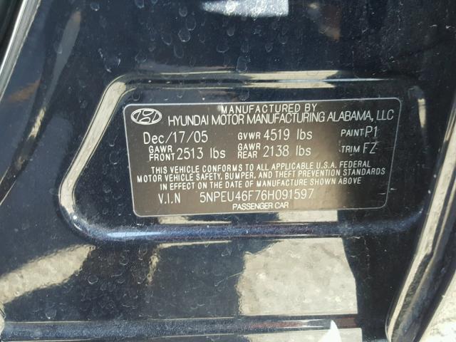 5NPEU46F76H091597 - 2006 HYUNDAI SONATA GLS BLUE photo 10