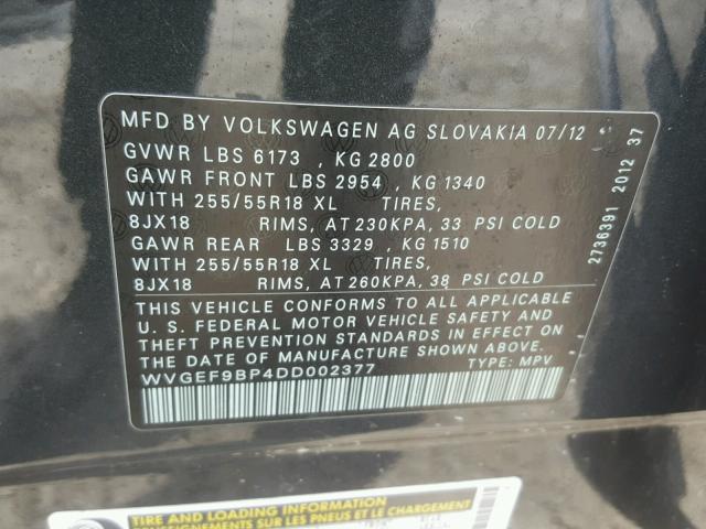 WVGEF9BP4DD002377 - 2013 VOLKSWAGEN TOUAREG V6 BLACK photo 10