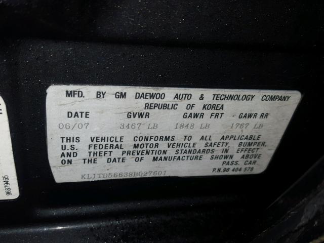 KL1TD56638B027601 - 2008 CHEVROLET AVEO BASE BLACK photo 10