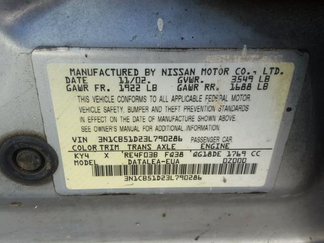 3N1CB51D23L790286 - 2003 NISSAN SENTRA XE SILVER photo 10