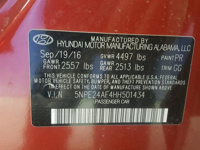 5NPE24AF4HH501434 - 2017 HYUNDAI SONATA SE RED photo 10