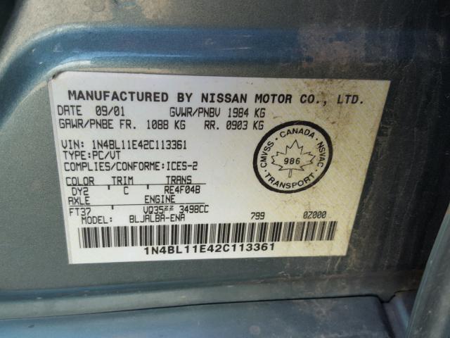 1N4BL11E42C113361 - 2002 NISSAN ALTIMA SE GREEN photo 10