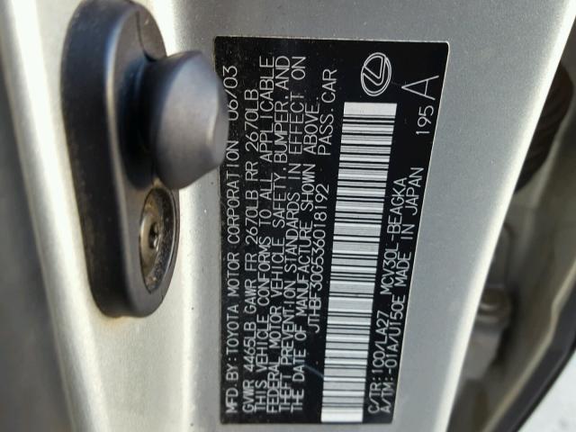 JTHBF30G536018192 - 2003 LEXUS ES 300 SILVER photo 10