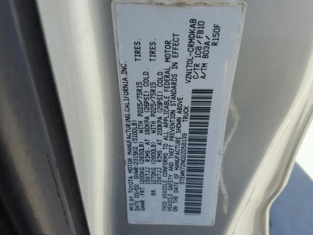 5TEWN72N02Z058139 - 2002 TOYOTA TACOMA XTR SILVER photo 10