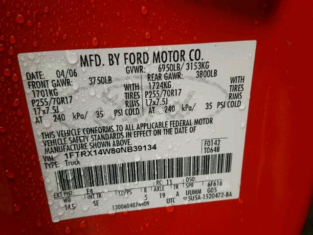 1FTRX14W86NB39134 - 2006 FORD F150 RED photo 10