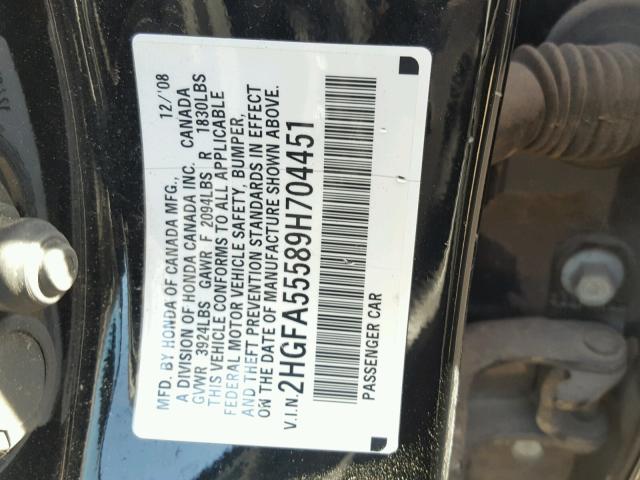 2HGFA55589H704451 - 2009 HONDA CIVIC SI BLACK photo 10