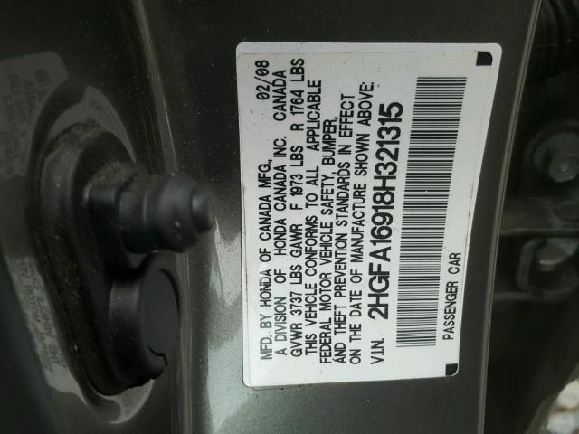 2HGFA16918H321315 - 2008 HONDA CIVIC EXL GRAY photo 10