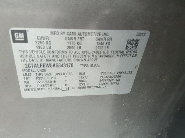 2CTALFEW5A6343170 - 2010 GMC TERRAIN SL GRAY photo 10