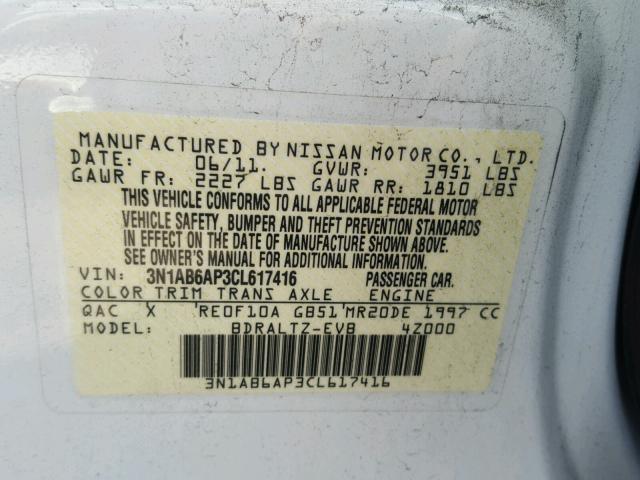 3N1AB6AP3CL617416 - 2012 NISSAN SENTRA 2.0 WHITE photo 10