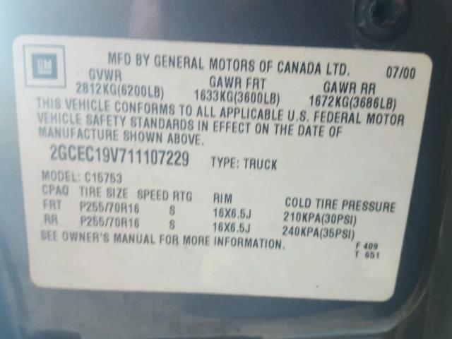 2GCEC19V711107229 - 2001 CHEVROLET SILVERADO BLUE photo 10