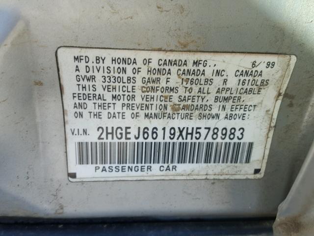 2HGEJ6619XH578983 - 1999 HONDA CIVIC BASE 银色 照片 10