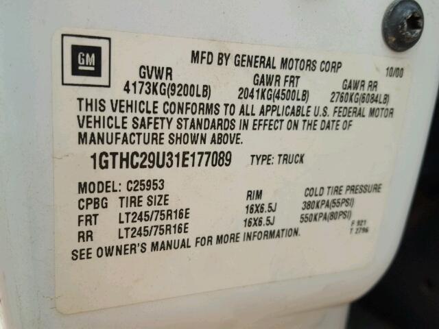 1GTHC29U31E177089 - 2001 GMC SIERRA C25 WHITE photo 10