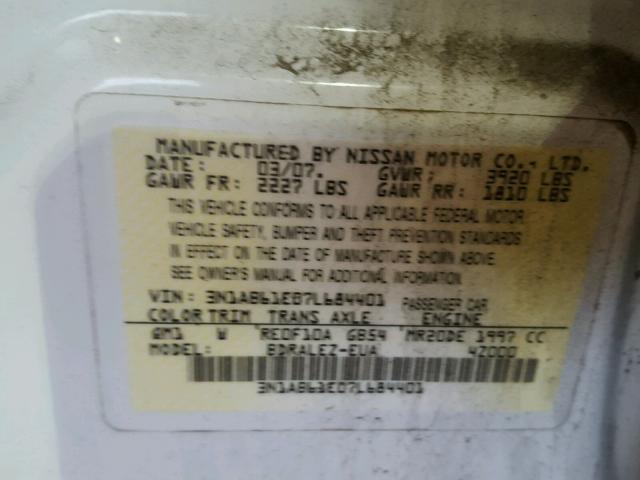 3N1AB61E07L684401 - 2007 NISSAN SENTRA 2.0 WHITE photo 10